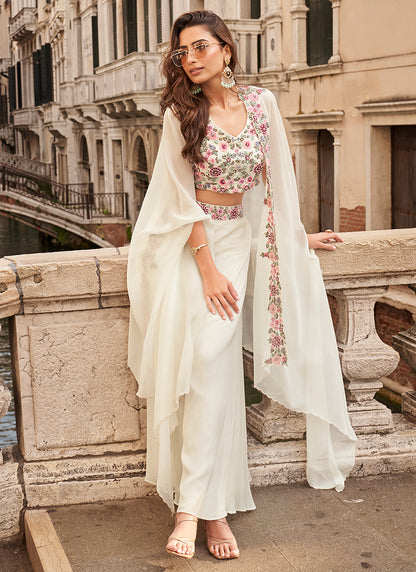 Off-White Indo Western Chinon Palazzo Set with Embroidered Cape