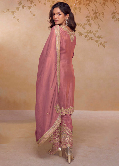 Designer Rose Pink Embroidered Simar Silk Salwar Suit with Dupatta For Diwali Celebration