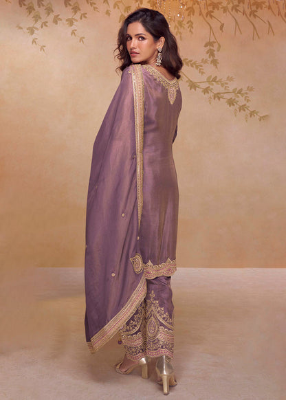 Designer Mauve Simar Silk Embroidered Salwar Suit with Intricate Golden Detailing