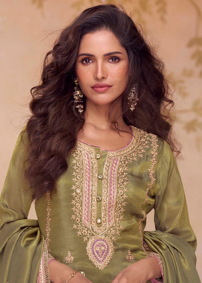 Designer Olive Green Simar Silk Embroidered Salwar Suit with Golden and Pink Detailing