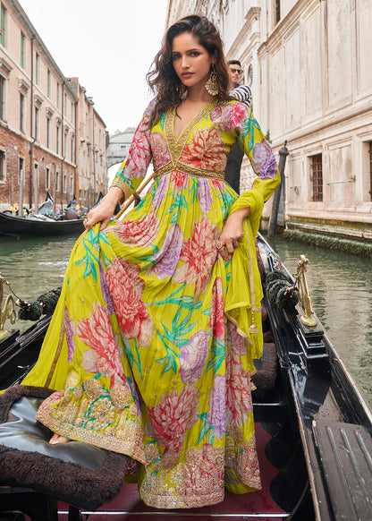 Designer Yellow Floral Chinon Anarkali Gown with Golden Embroidery