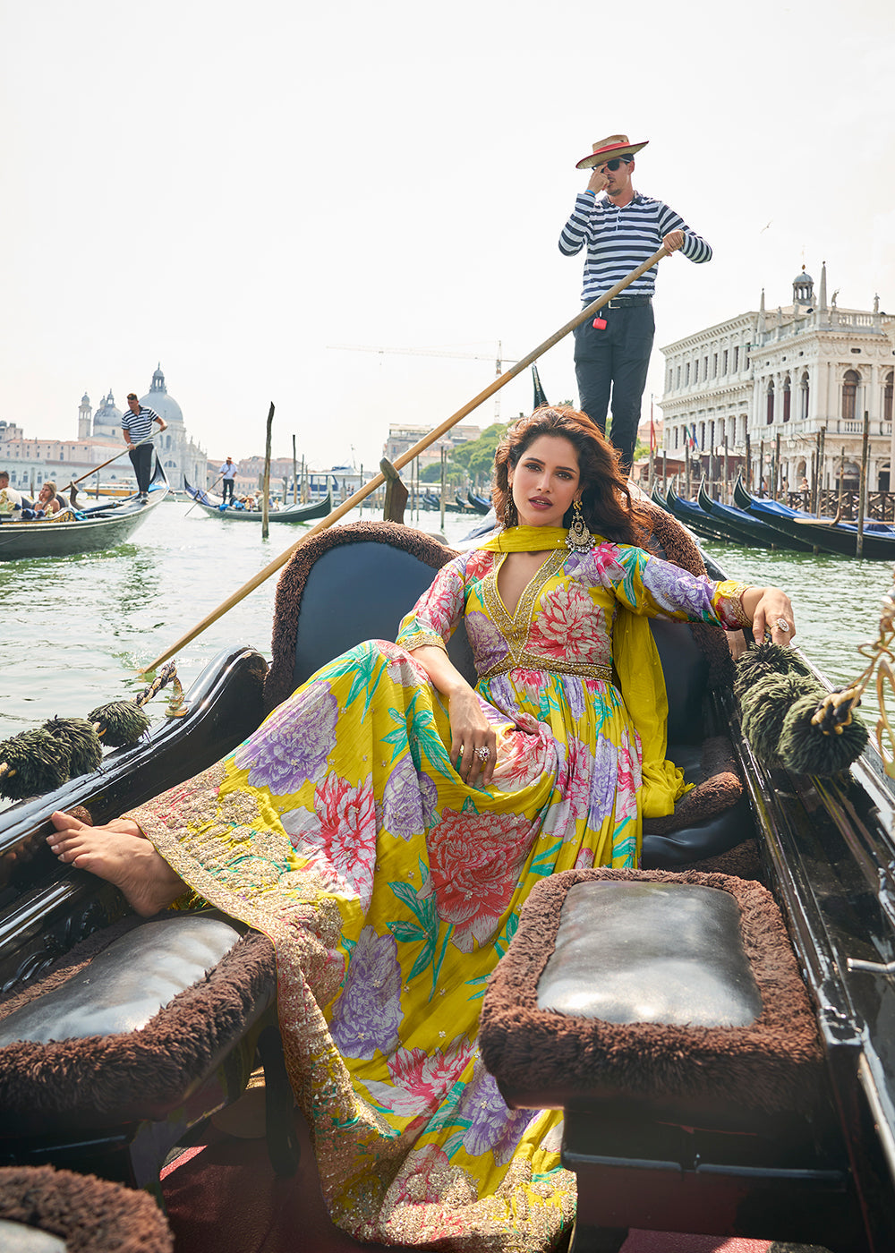 Designer Yellow Floral Chinon Anarkali Gown with Golden Embroidery