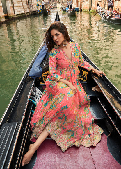 Designer Coral Peach Floral Chinon Anarkali Gown with Golden Embroidery and Dupatta
