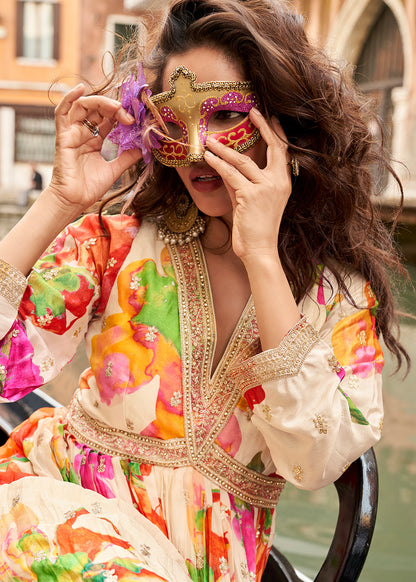 Designer Ivory Floral Chinon Anarkali Gown with Golden Embroidery and Dupatta