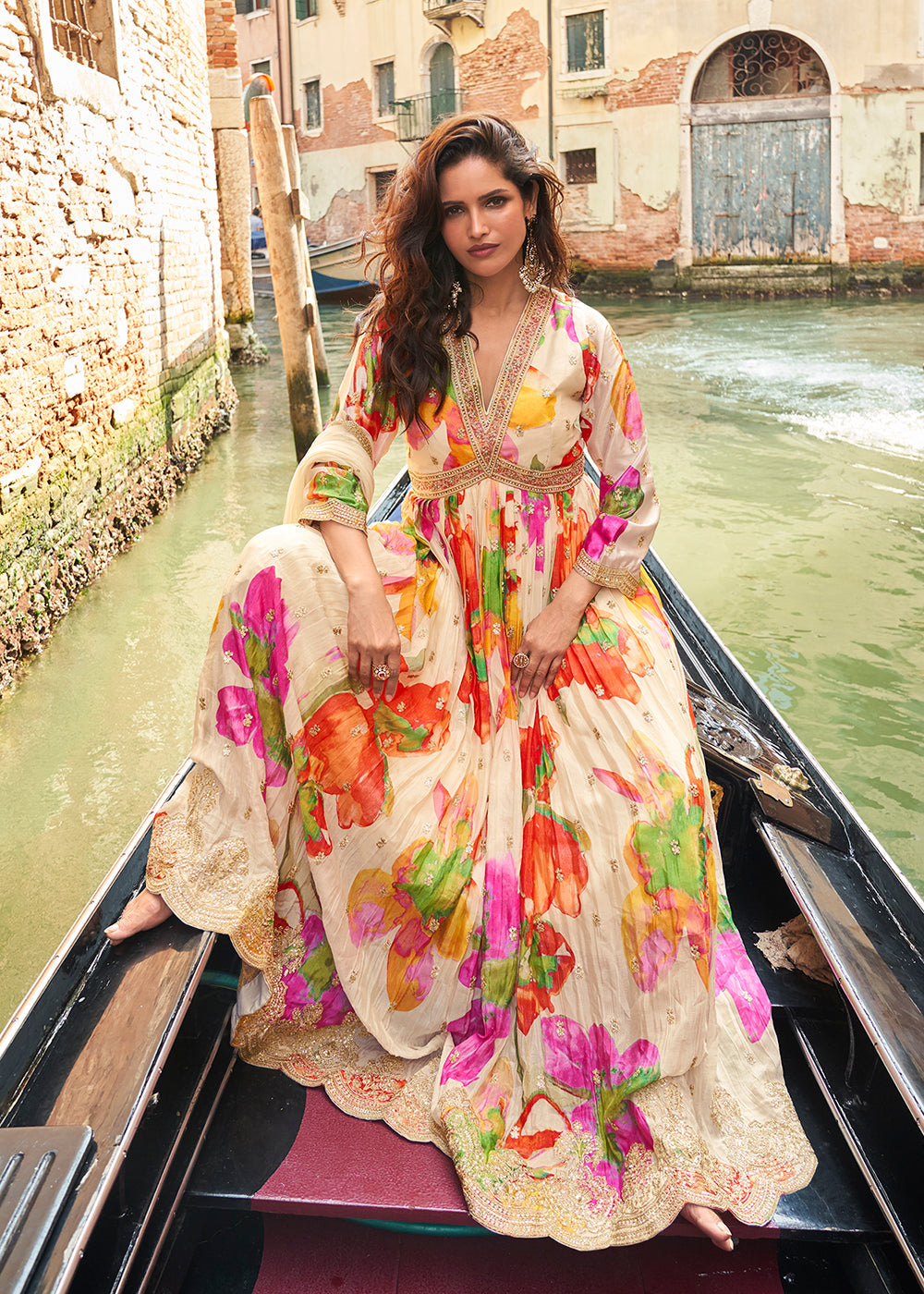 Designer Ivory Floral Chinon Anarkali Gown with Golden Embroidery and Dupatta