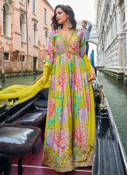 Designer Yellow Floral Chinon Anarkali Gown with Golden Embroidery