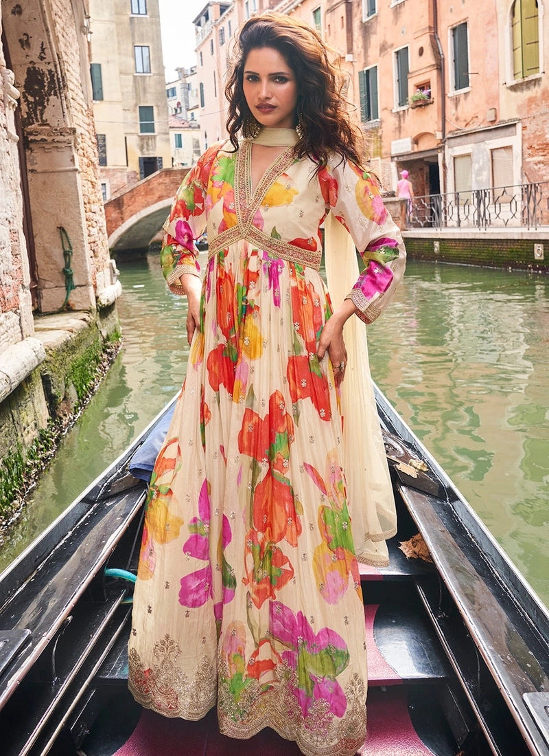 Designer Ivory Floral Chinon Anarkali Gown with Golden Embroidery and Dupatta