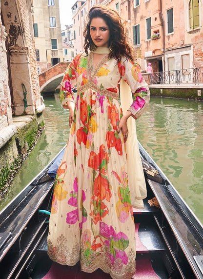 Designer Ivory Floral Chinon Anarkali Gown with Golden Embroidery and Dupatta