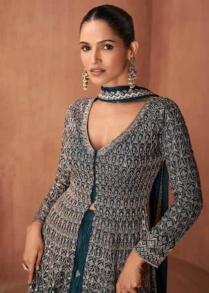 Designer Dark Teal Embroidered Indo Western Chinon Sharara Suit