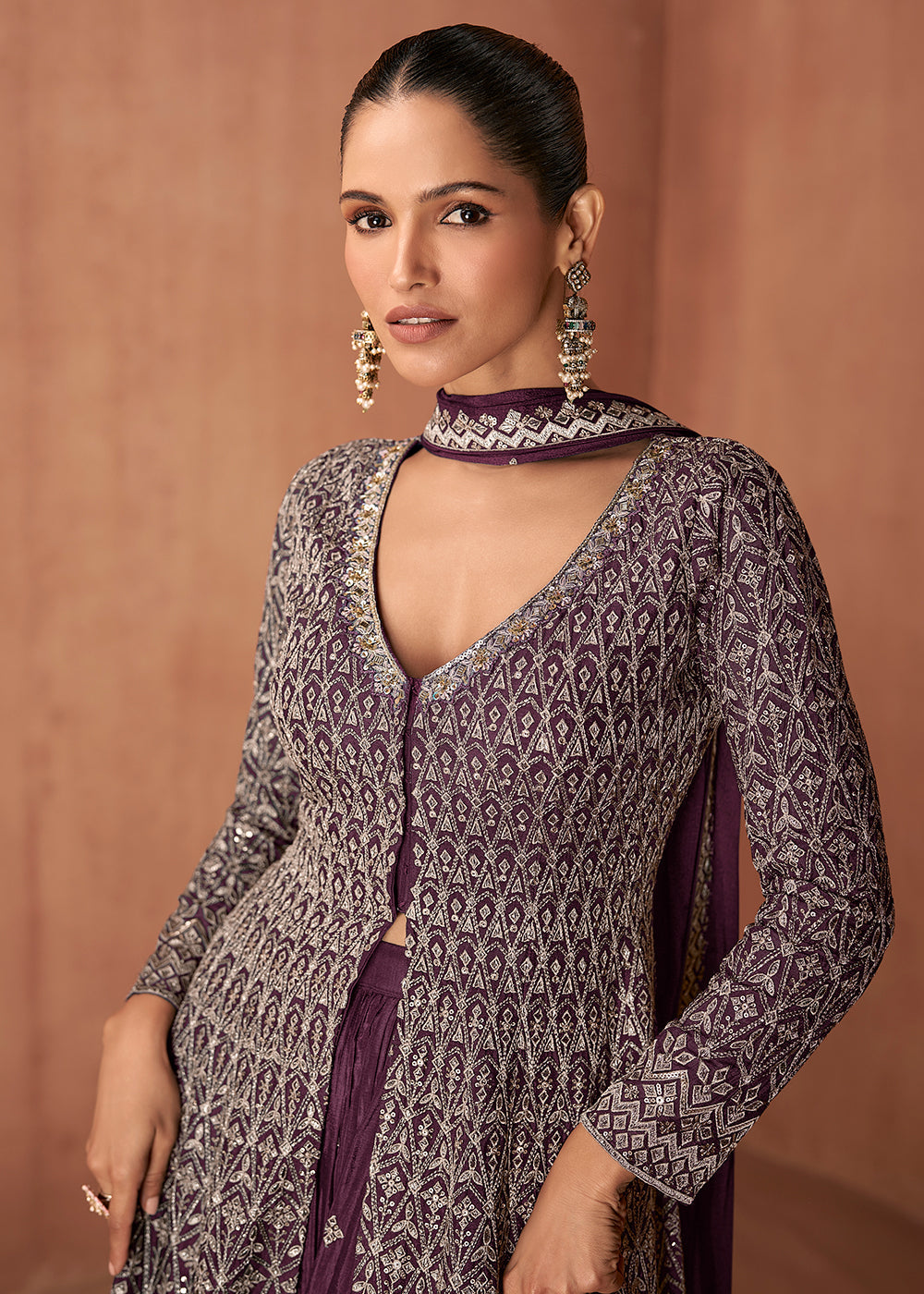 Designer Plum Embroidered Indo Western Chinon Sharara Suit
