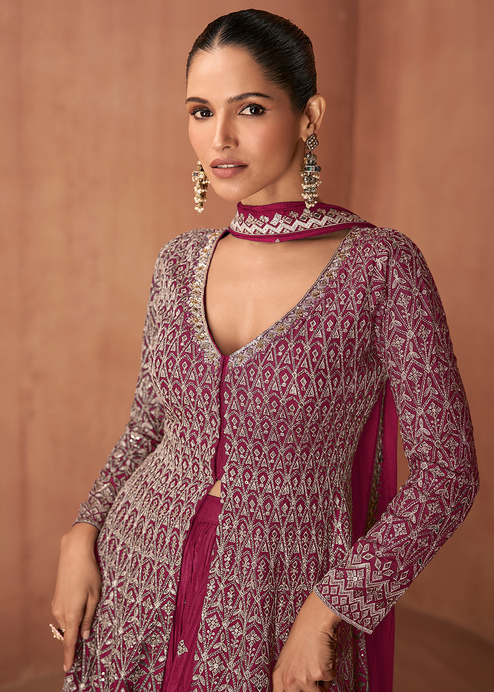 Designer Wine Pink Embroidered Indo Western Chinon Sharara Suit