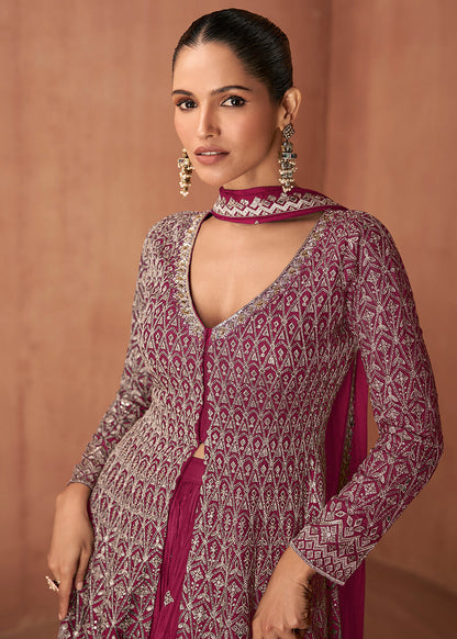 Designer Wine Pink Embroidered Indo Western Chinon Sharara Suit