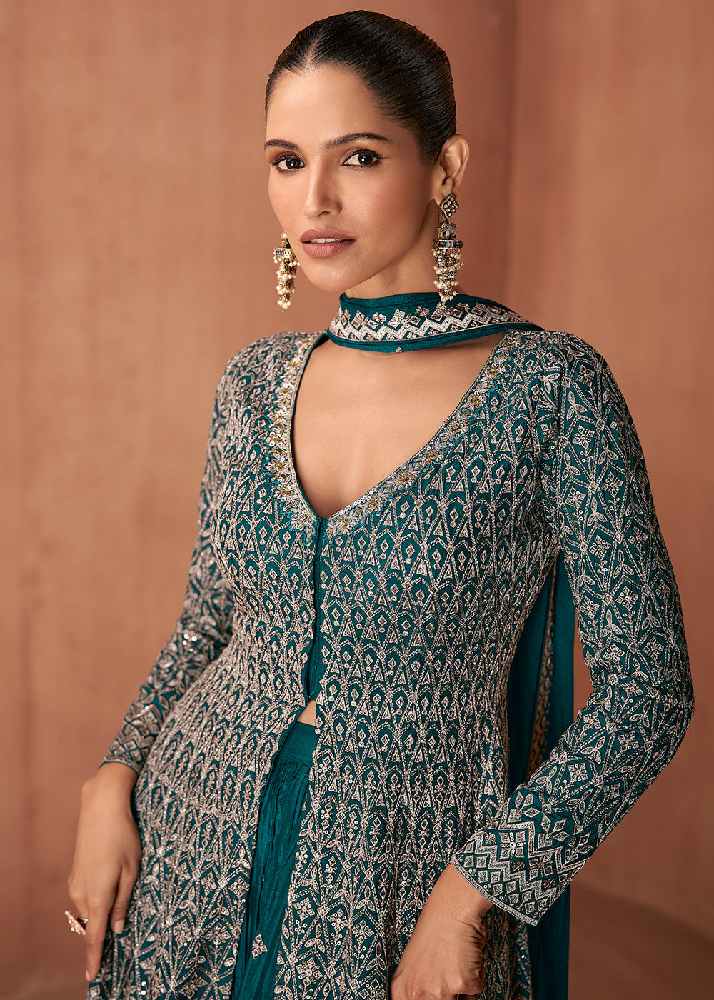 Designer Teal Green Embroidered Indo Western Chinon Sharara Suit