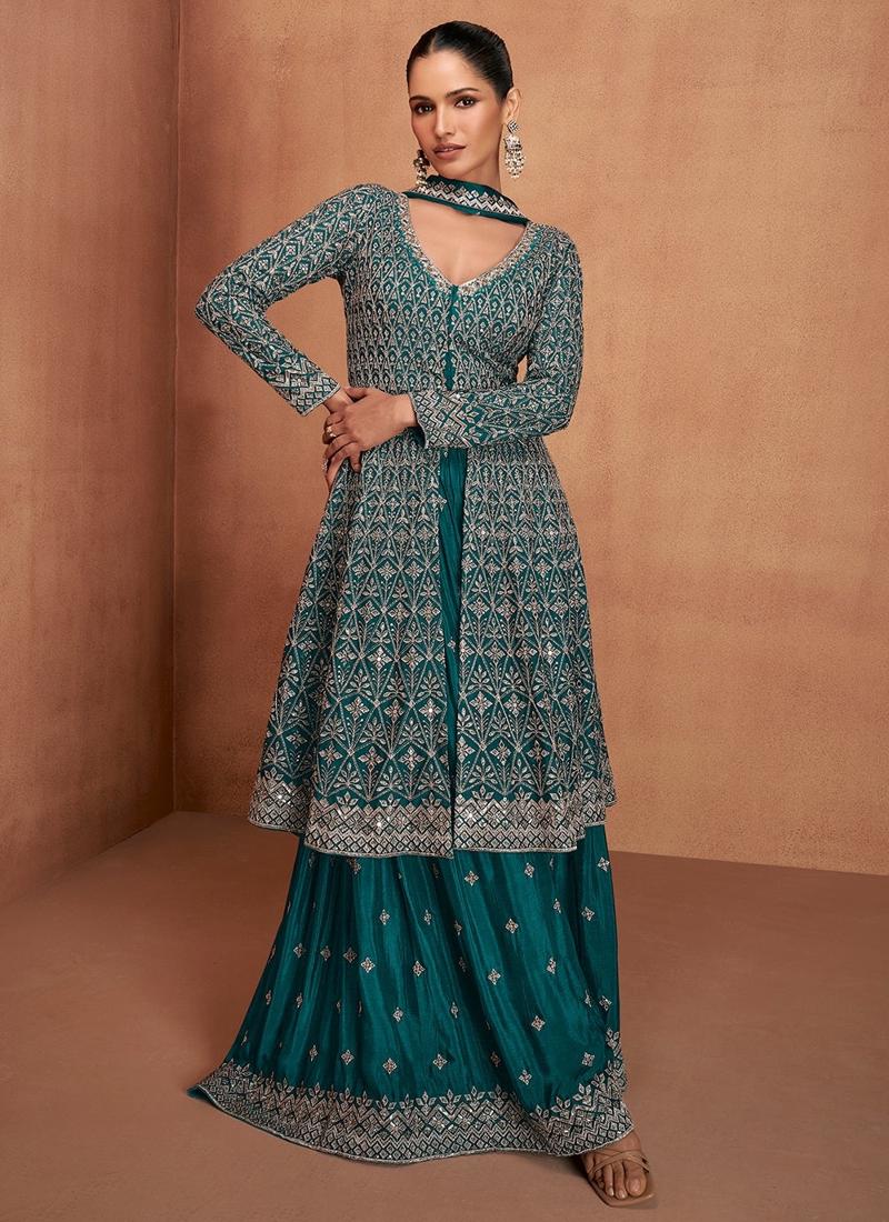 Designer Teal Green Embroidered Indo Western Chinon Sharara Suit