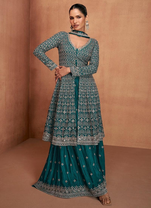 Designer Teal Green Embroidered Indo Western Chinon Sharara Suit