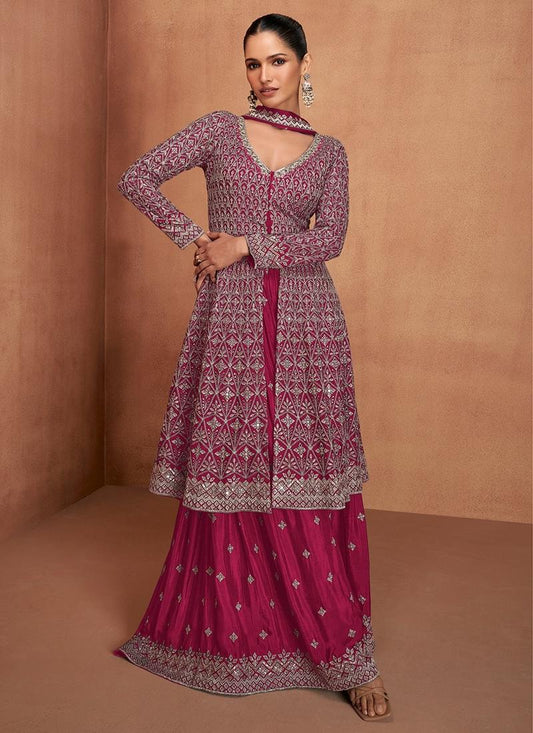 Designer Wine Pink Embroidered Indo Western Chinon Sharara Suit