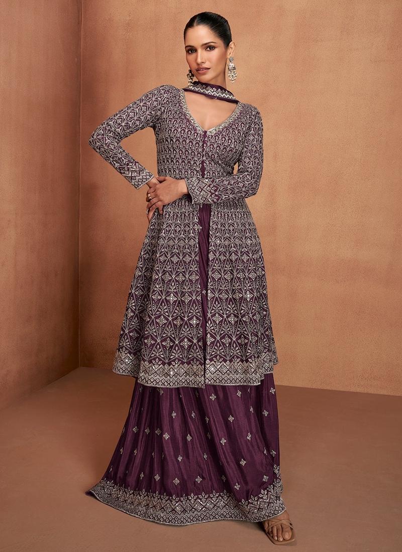 Designer Plum Embroidered Indo Western Chinon Sharara Suit