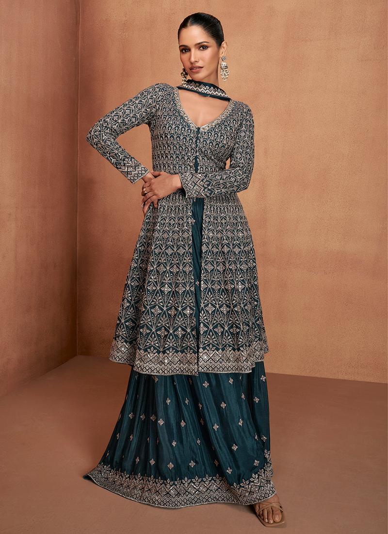 Designer Dark Teal Embroidered Indo Western Chinon Sharara Suit