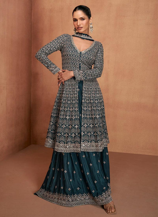 Designer Dark Teal Embroidered Indo Western Chinon Sharara Suit