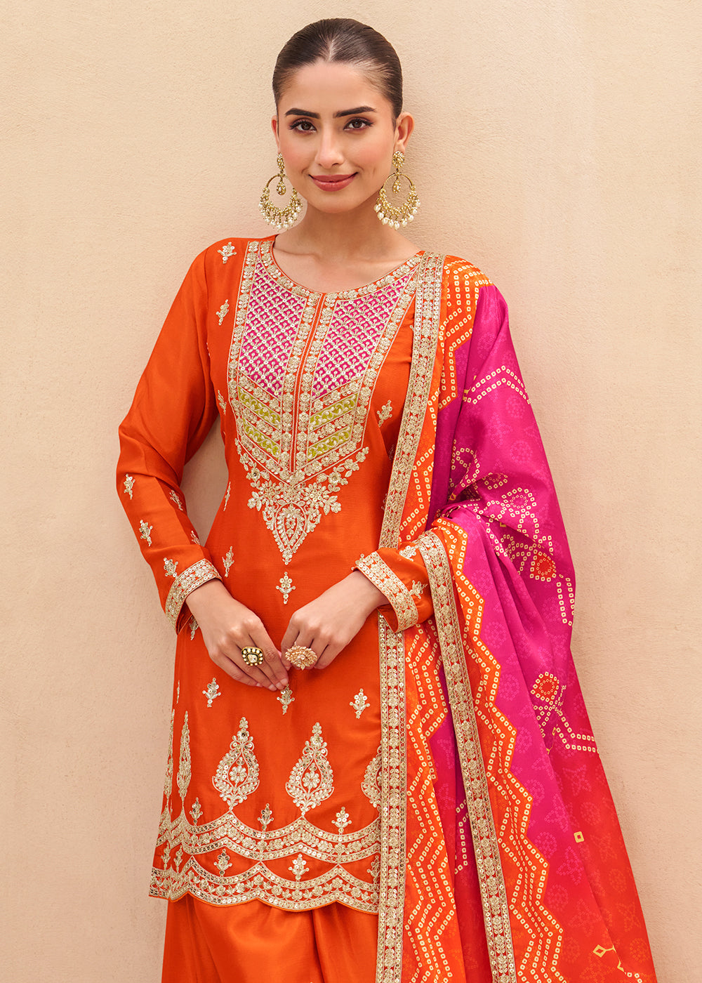 Designer Orange Embroidered Chinon Silk Palazzo Suit
