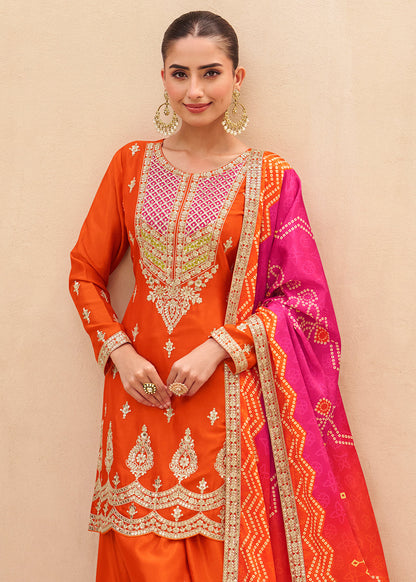 Designer Orange Embroidered Chinon Silk Palazzo Suit