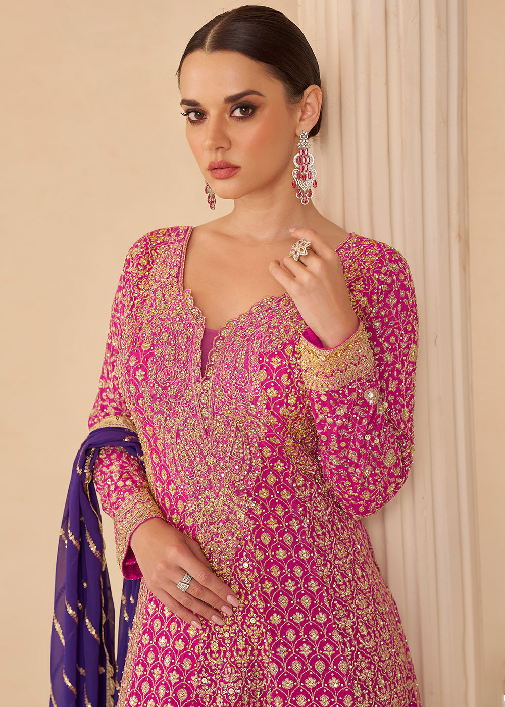 Designer Pink Purple Embroidered Georgette Sharara Suit