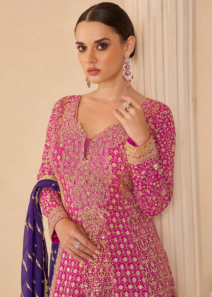 Designer Pink Purple Embroidered Georgette Sharara Suit