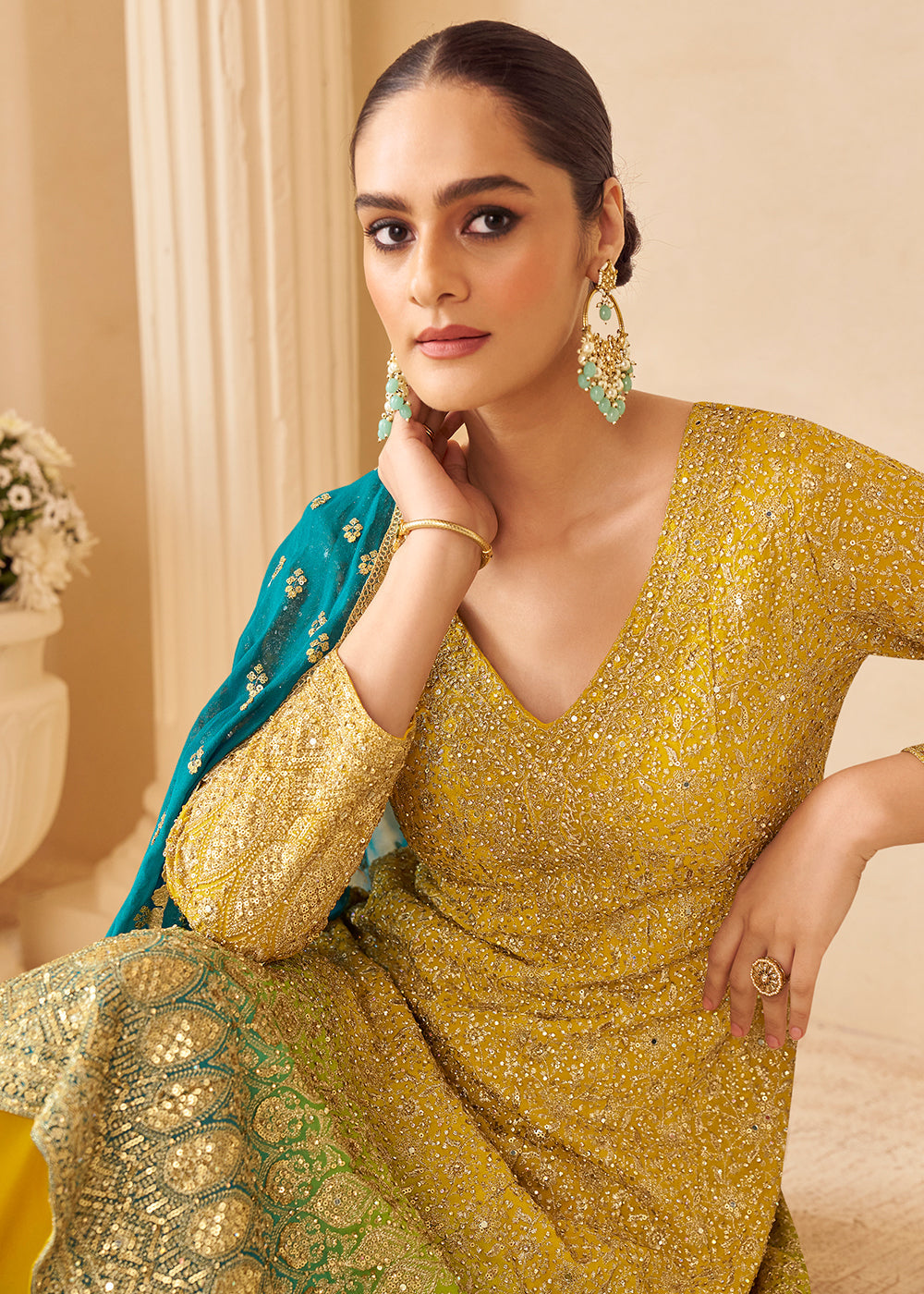 Designer Yellow Green Embroidered Georgette Sharara Suit