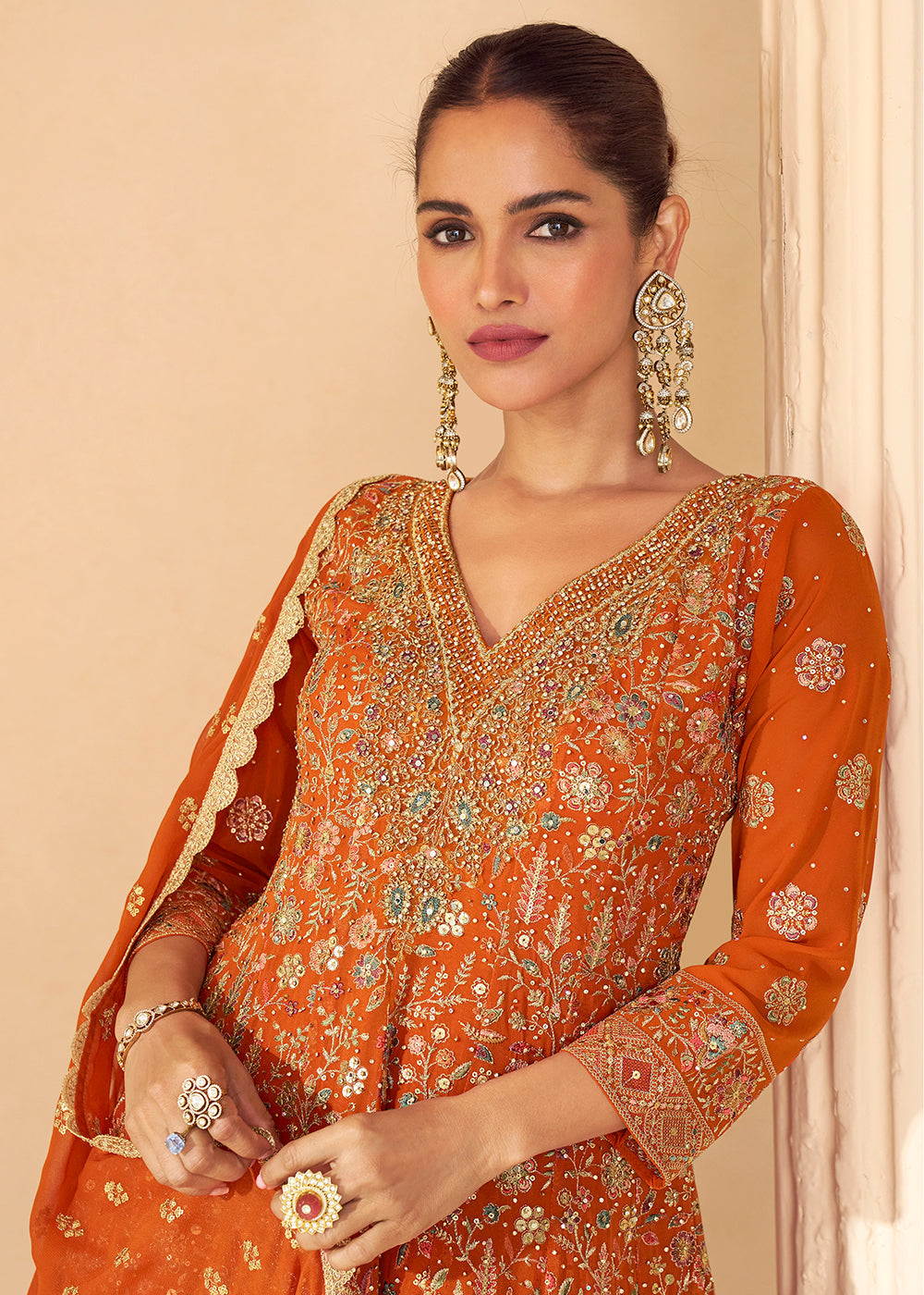 Designer Burnt Orange Embroidered Georgette Sharara Suit