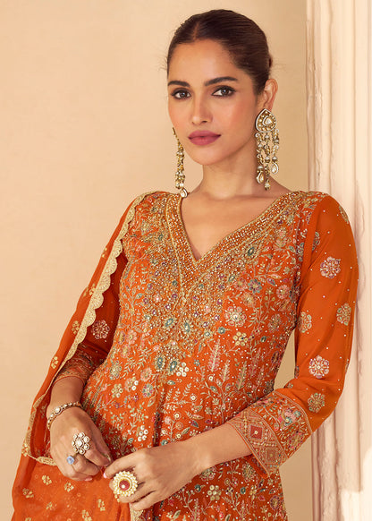 Designer Burnt Orange Embroidered Georgette Sharara Suit