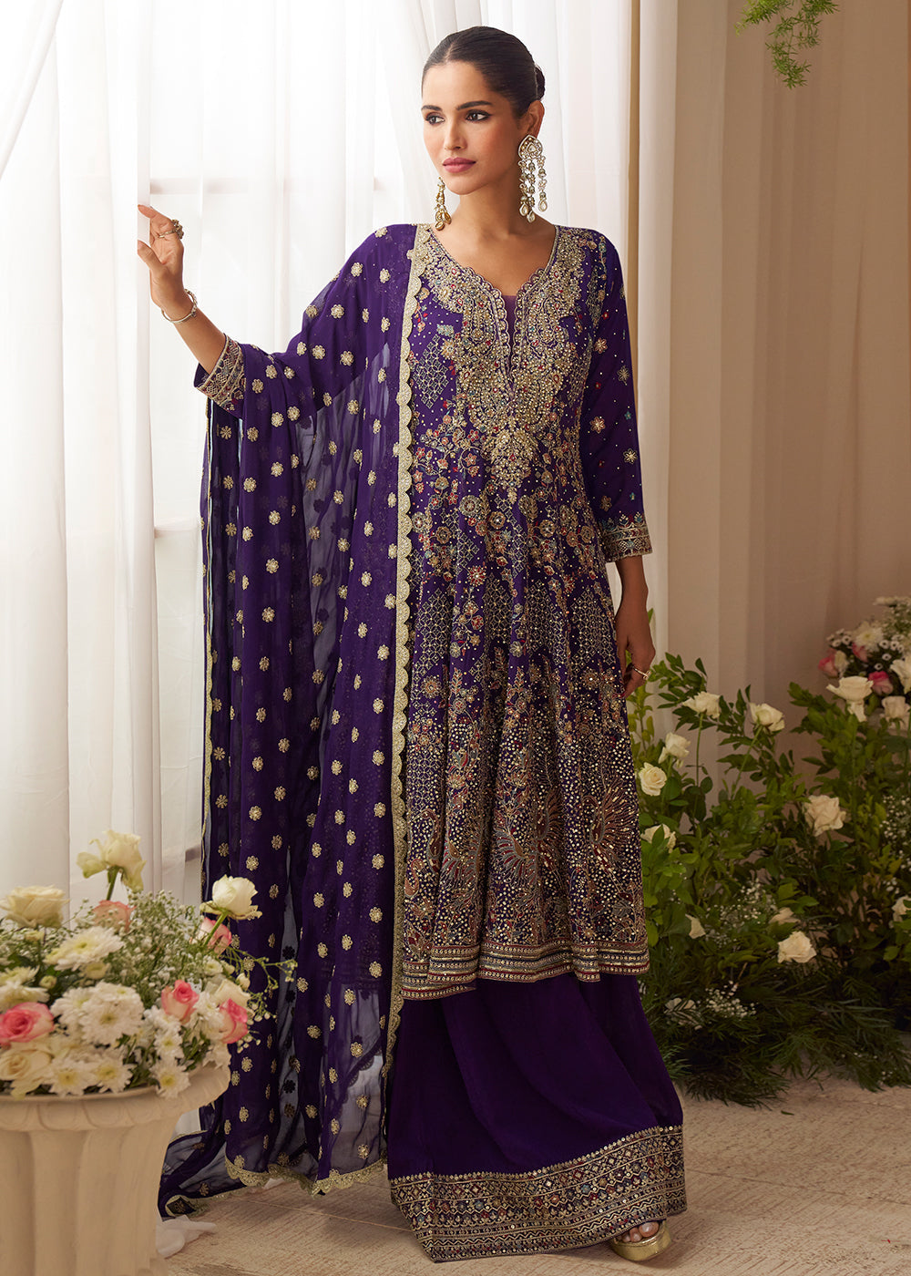 Designer Royal Purple Embroidered  Georgette Sharara Suit