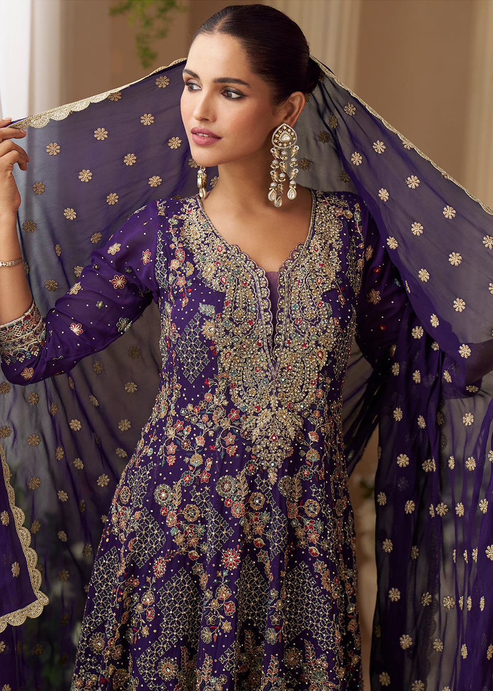 Designer Royal Purple Embroidered  Georgette Sharara Suit
