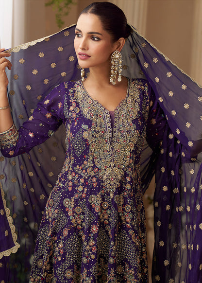 Designer Royal Purple Embroidered  Georgette Sharara Suit