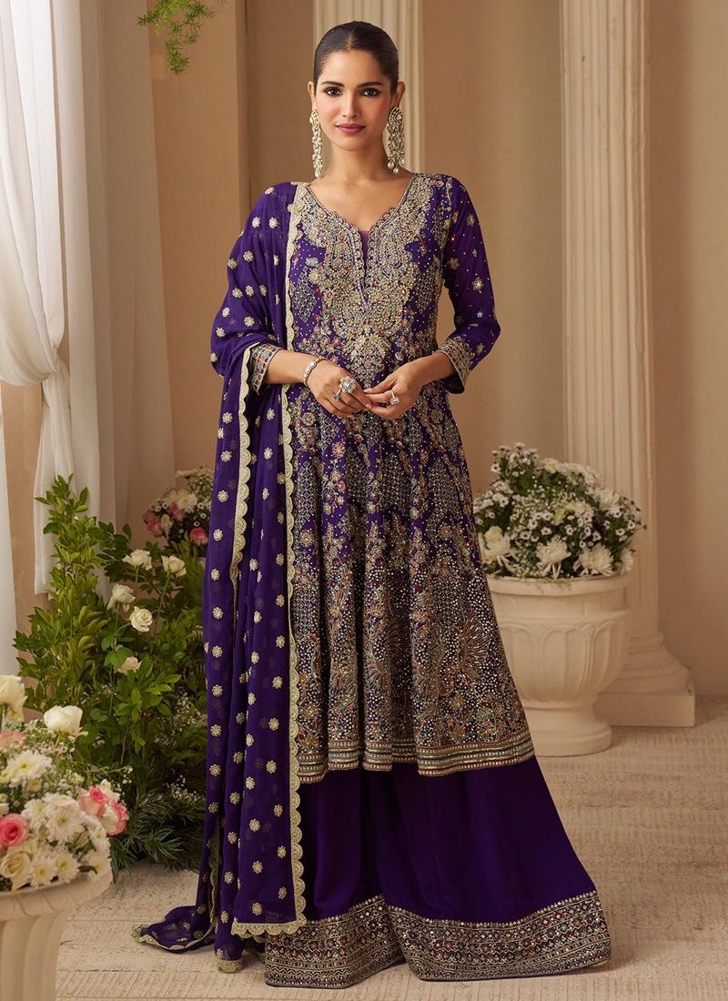 Designer Royal Purple Embroidered  Georgette Sharara Suit