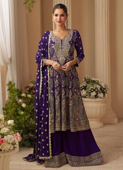Designer Royal Purple Embroidered  Georgette Sharara Suit