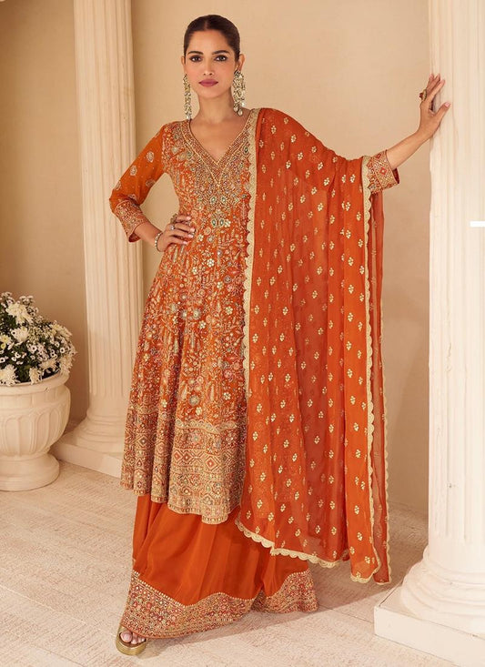Designer Burnt Orange Embroidered Georgette Sharara Suit
