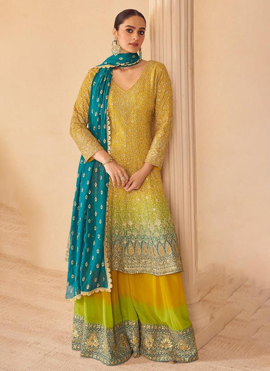 Designer Yellow Green Embroidered Georgette Sharara Suit