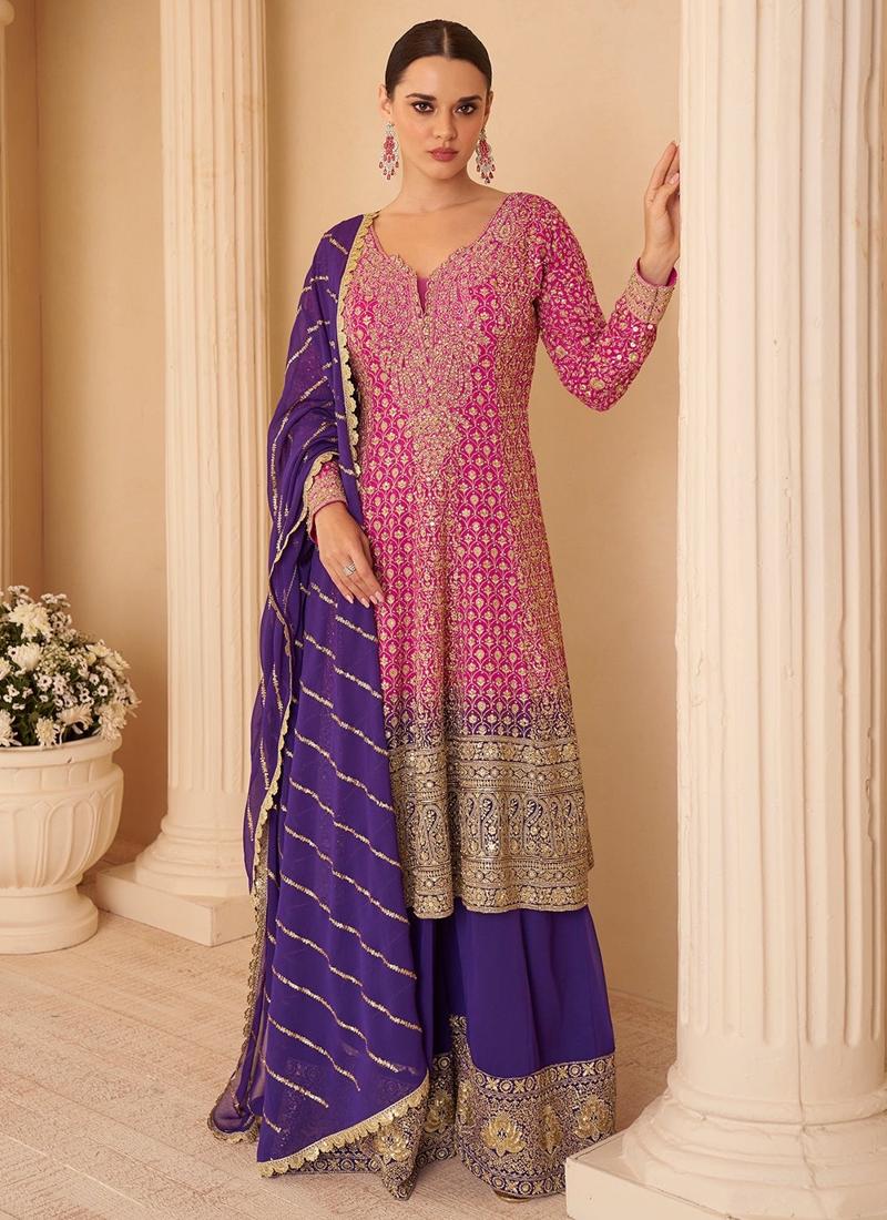 Designer Pink Purple Embroidered Georgette Sharara Suit