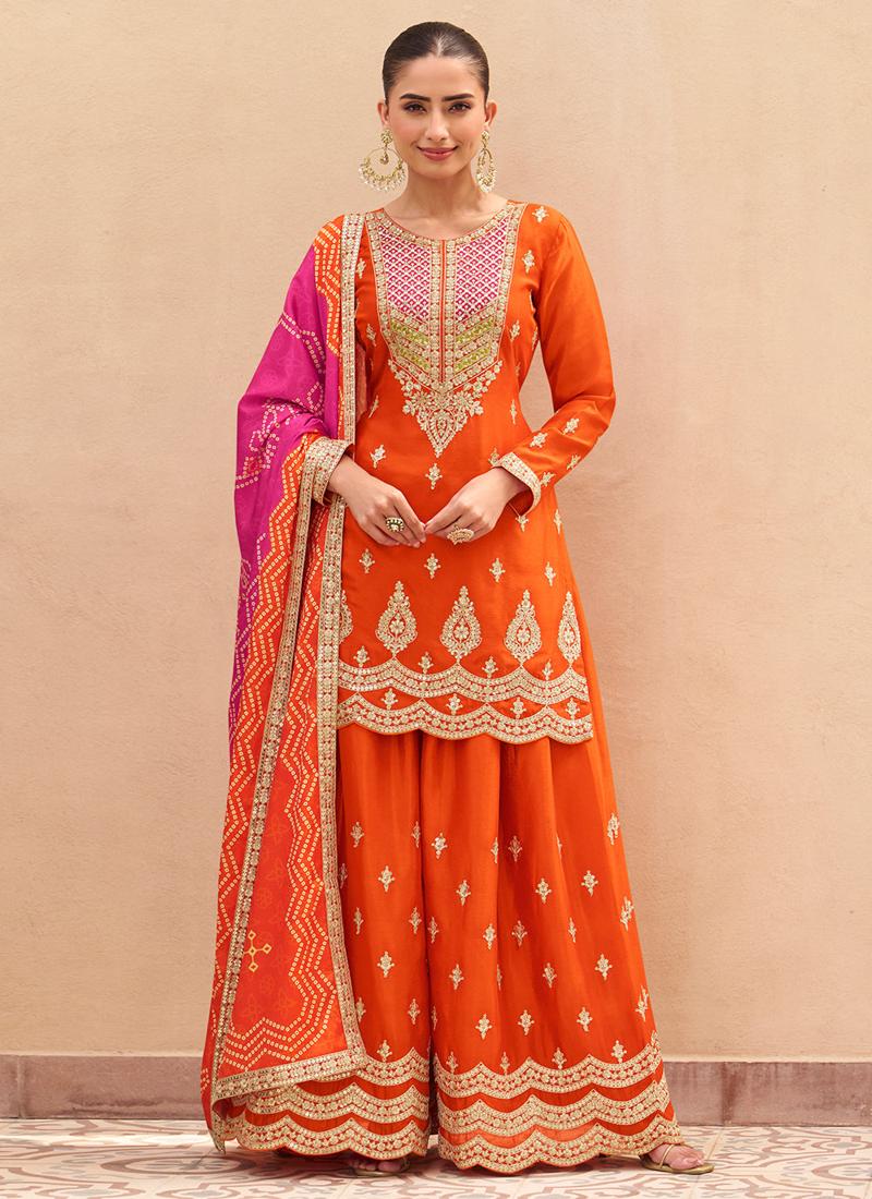 Designer Orange Embroidered Chinon Silk Palazzo Suit