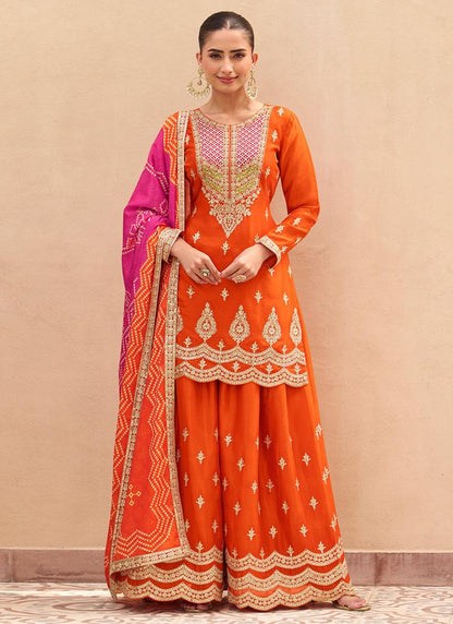 Designer Orange Embroidered Chinon Silk Palazzo Suit