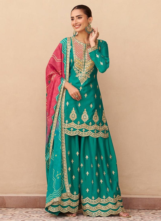 Designer Turquoise Embroidered Chinon Silk Palazzo Suit