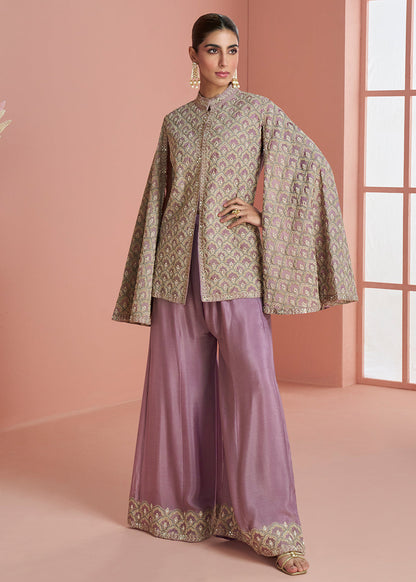 Designer Dusty Mauve Embroidered Indo Western Chinon Palazzo Suit