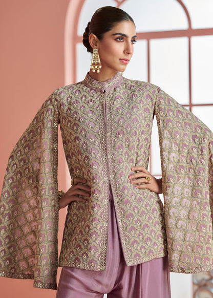 Designer Dusty Mauve Embroidered Indo Western Chinon Palazzo Suit