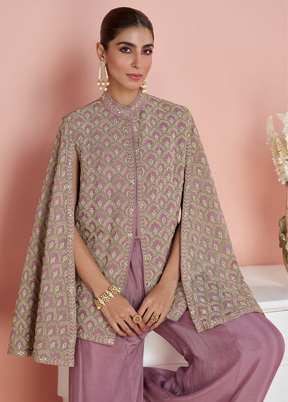 Designer Dusty Mauve Embroidered Indo Western Chinon Palazzo Suit