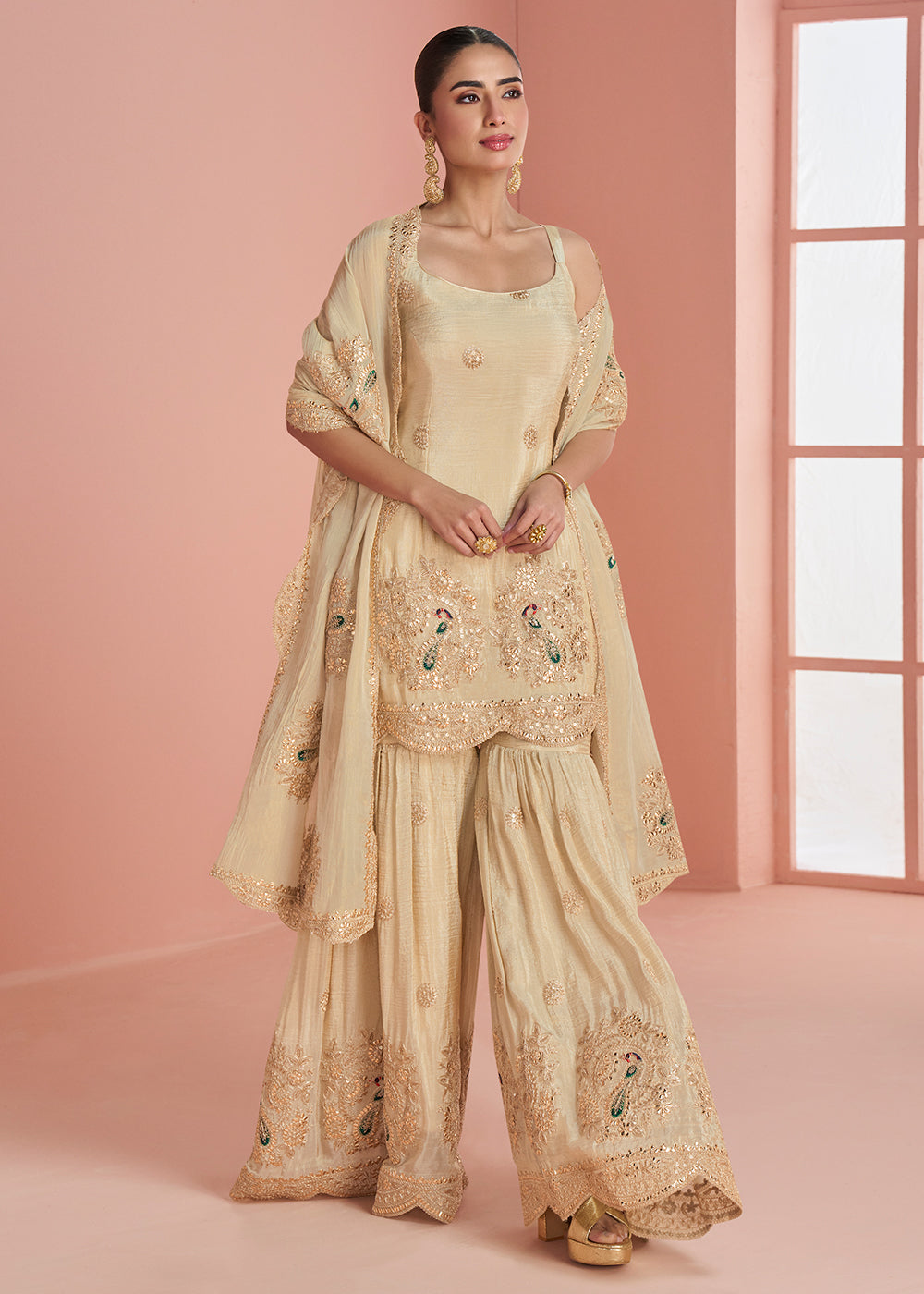 Designer Beige Embroidered Indo Western Chinon Silk Sharara Suit