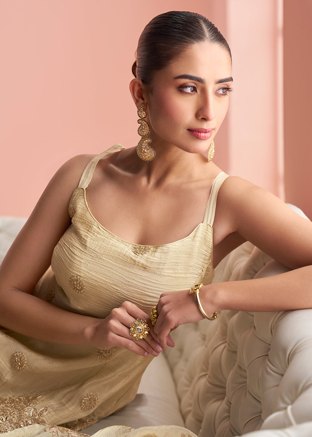 Designer Beige Embroidered Indo Western Chinon Silk Sharara Suit