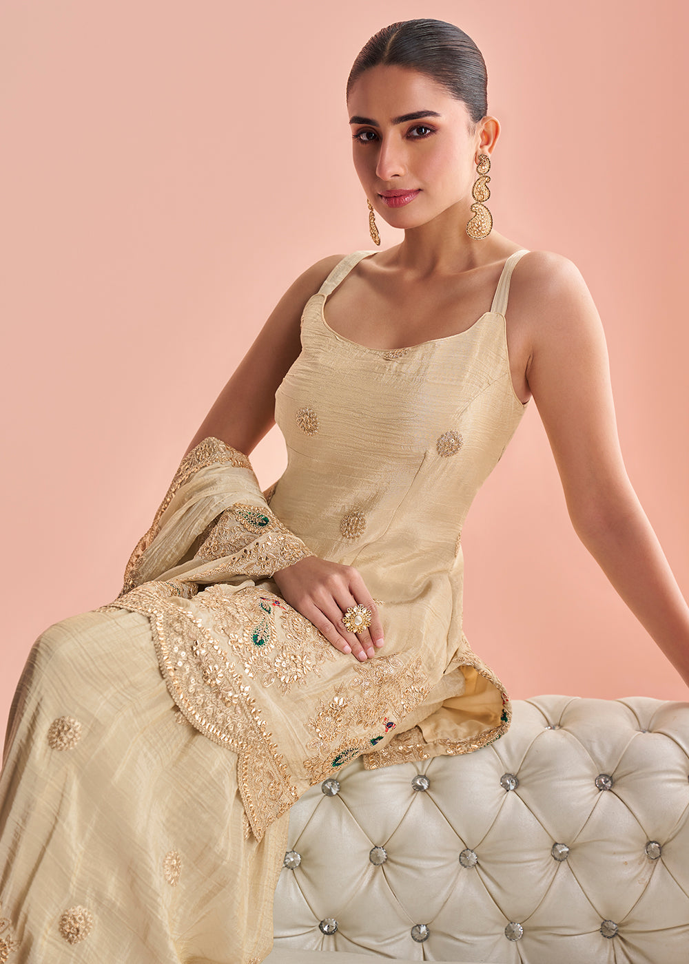 Designer Beige Embroidered Indo Western Chinon Silk Sharara Suit