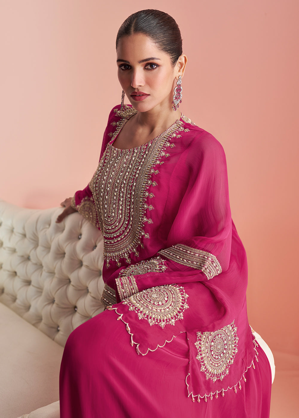 Designer Rani Pink Embroidered Indo Western Chinon Silk Sharara Suit