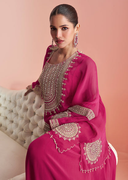 Designer Rani Pink Embroidered Indo Western Chinon Silk Sharara Suit