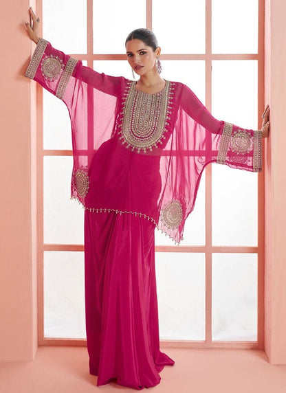 Designer Rani Pink Embroidered Indo Western Chinon Silk Sharara Suit